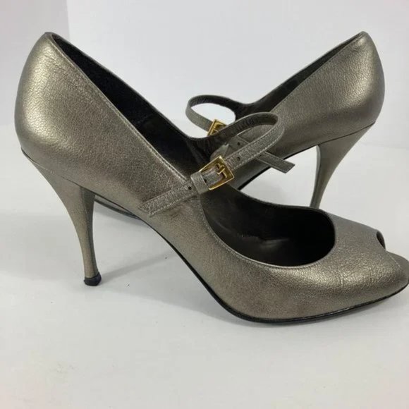 Stuart Weitzman Shoes - Stuart Weitzman Pewter Peep Toe Mary Jane Heels Sz 5.5 - EUC